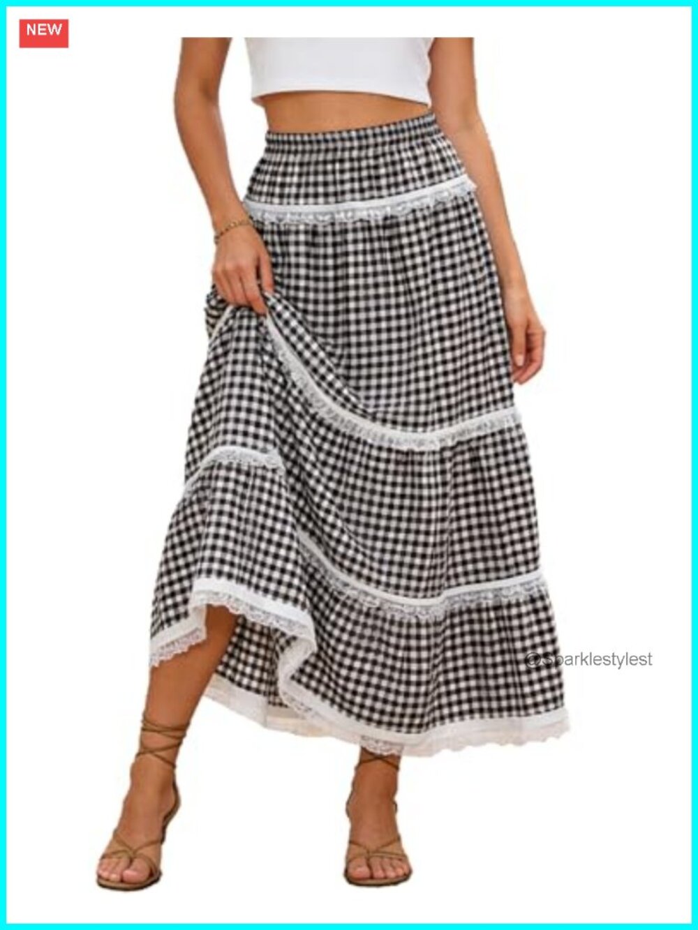 Women's Gingham Plaid Maxi Skirt High Waisted Tiered Long Flowy Skirt